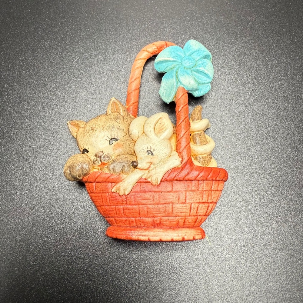 Terrandie Italy‎ Ceramic Cat Kitten Mouse Basket Figurine Blue Bow Adorable